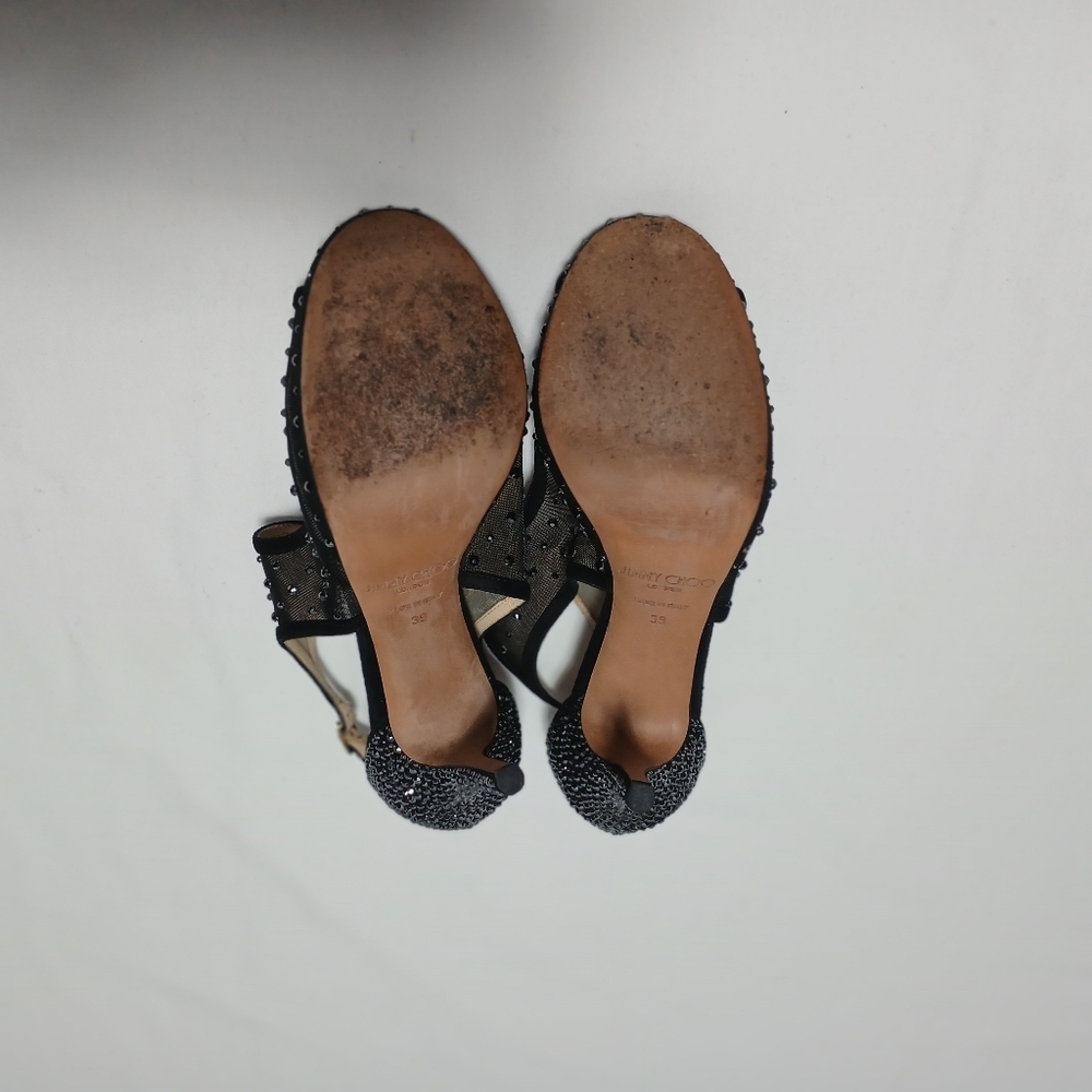 Jimmy Choo" Leondra" Black Suede& Semi- Sheer Mesh With Swarovski Crystals. 8.5 - Picture 9 of 16